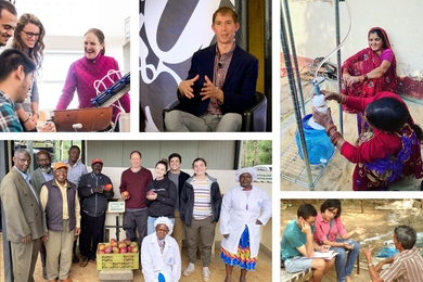 A collage of five pictures showing Susan Murcott in the lab laughing with students; Brendan Smith speaking on a panel; women in rural India using a water filtration device; Eric Verploegen and some students smiling with local a community in Kenya, holding fruits; and researchers taking notes, speaking with a man in India.