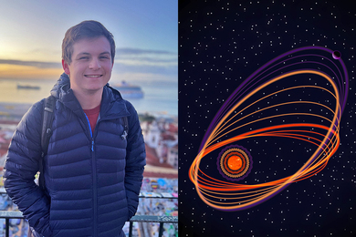 At left, headshot of Jared Bryan. At right, artistic representation of a host star and a planet with various orbits shown