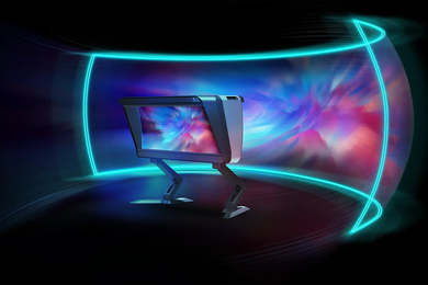 Screen in center displays colorful image that glows and projects in arc surrounding screen