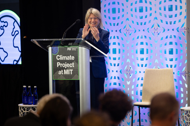 MIT president Sally Kornbluth addressing an audience