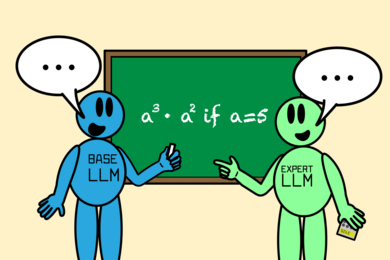 Two cartoon robots representing a general-purpose AI model and an expert model converse over a math problem on a green chalkboard.