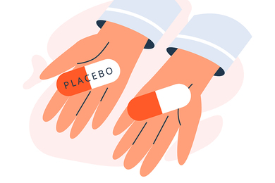 An illustration of two hands, each holding matching pills. One is labeled PLACEBO.