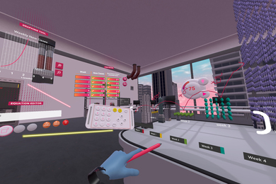 A virtual lab has floating charts and calendar, and a virtual hand points at a calculator.