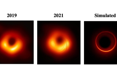 Three rings of light against a black background. The first is large and diffuse, the second is large and diffuse with precise striations in the light, and the third is thin and precise.