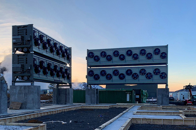 Two carbon absorber units at Orca. Each consists of two units somewhat larger than shipping containers, each with a dozen round intake ports