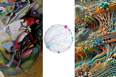 At left is a colorful expressionist painting. In the middle, an AI-generated circular graph, and on the right an AI-generated design that looks like a colorful biological specimen.