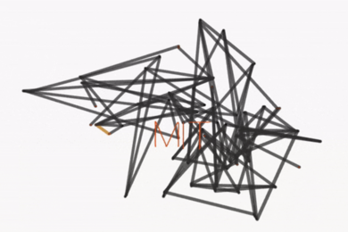 A 3D figure comprised of black planar bars, connected by joints, traces out the letters M, I, T, highlighted in orange