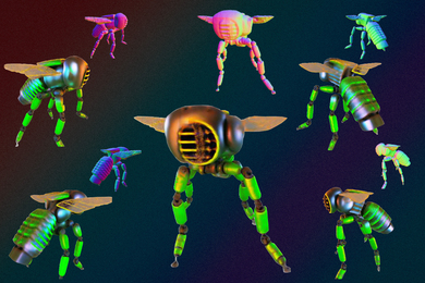 Five images of a 3D robotic bee character. Each image has a smaller 3D model next to it.