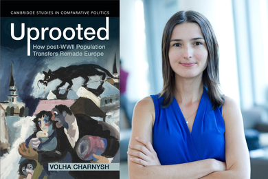 On left is the cover of the book, “Uprooted” which has a painting of a large cat eating a mouse over a village, and three distressed people. On right is a photo of Volha Charnysh.