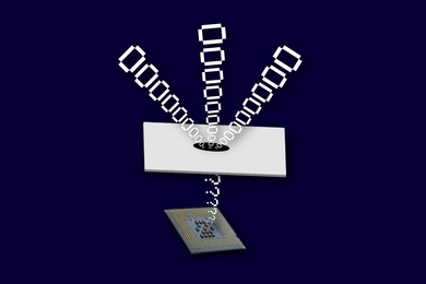 Illustration of code, represented by zeros, transforming into question marks after traveling through a white layer onto a computer chip