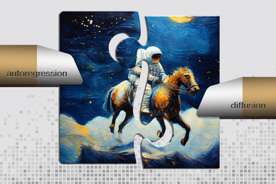 An image being put together by two sets of tweezers; one branded as autoregressive and the other as diffusion