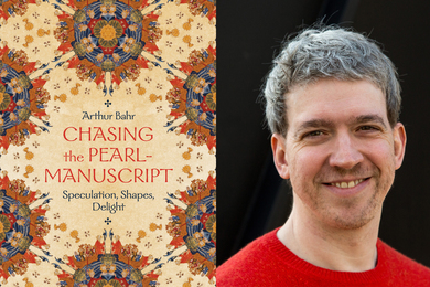 On left, the cover of the book has the title and stylized collages of medieval art. On right, a portrait of Arthur Bahr.