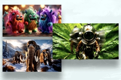 Three scenes from AI-created videos: Three panels reveal different AI-created scenes: colorful monsters dancing; wooly mammoths roaming an arctic tundra; and a miniature character in an antique deep-sea diving suit walks on leaves.