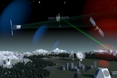 Digital illustration of satellites orbiting above Earth with beams connecting to ground observatories amid snowy mountains and forests