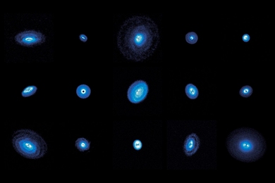 3 by 5 grid of protoplanetary disks against the black of space, some with gaps, rings, and spirals
