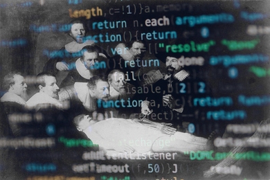 A black-and-white image of the painting "The Anatomy Lesson of Dr Nicolaes Tulp" overlaid with computer code.