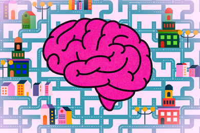 A brain with city background.