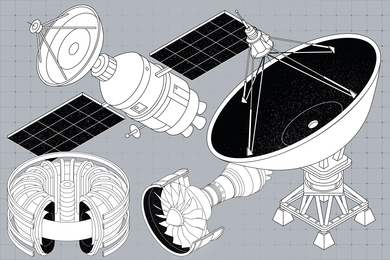 Renderings of satellites, engines, and a radar