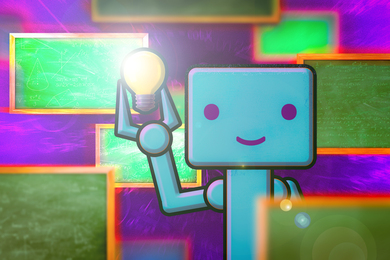 A robot holds a lightbulb, surrounded by chalkboards.