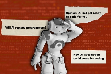 A 3D cartoon robot appears confused, standing in front of different newspaper headlines about the progress of AI coding. Blocks of code are visible behind a red background.