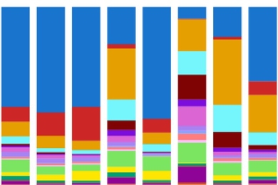 Excerpt of a bar graph, with 8 bars each consisting of varying length sections of different colors