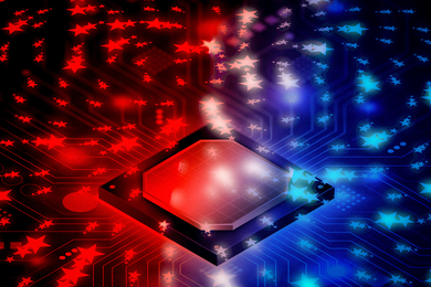 Futuristic circuit board emanating energy.