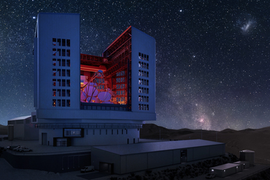 Rendering of the Giant Magellan Telescope, located in a mountain setting with many stars at night