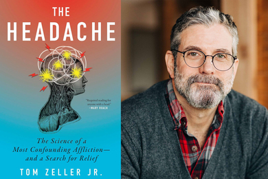 The book cover for “The Headache,” and Tom Zeller.