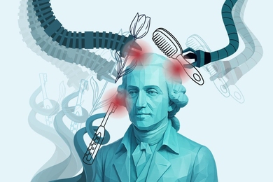 Bust of a man in colonial garb being tended by robotic manipulators holding a comb, a toothbrush, and a tulip