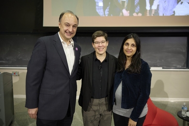 Vladimir Bulović, Jennifer Lewis PhD ’91, and Ritu Raman pose in front of a blackboard
