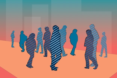Illustration of silhouttes with different combinations of stripes walking on a street. 