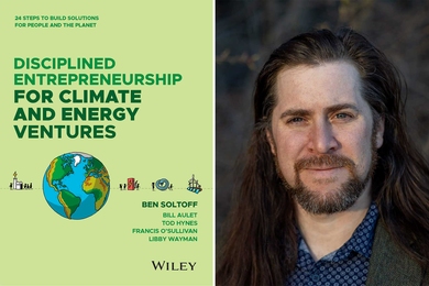 On left, the green cover includes the title, authors and byline, “24 Steps to Build Solutions for People and the Planet.” On right, a portrait of Ben Soltoff.