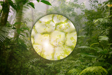 Forest scene with inset showing plant cells.