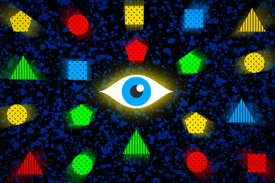 An eye surrounded by simple, colorful shapes like a green triangle or red square with dots.