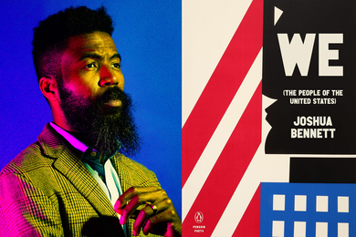 Joshua Bennett portrait with pink and yellow light; and the cover of the book, “We the People.”