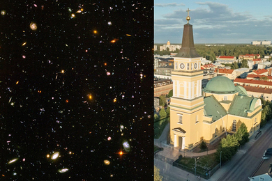 At left, deep space image with many galaxies. At right, aerial view of Oulu Cathedral
