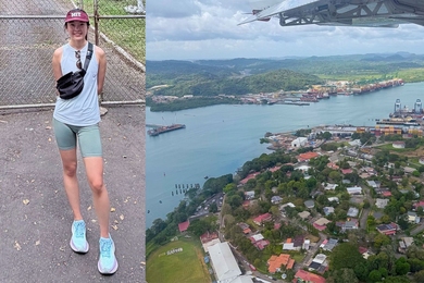 At left, photo of Cherry Tang standing outdoors. At right, aerial photo of the Panama Canal