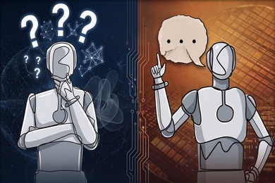 At left, a confused cartoon robot is thinking. At right, the same robot speaks confidently.