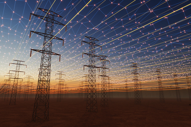 Solar panels and wind turbines connected by grid lines