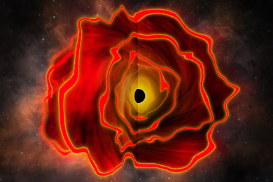 The black hole star is shown as a red, 3D cloud with wavy perimeters and with a black sphere in the middle. 