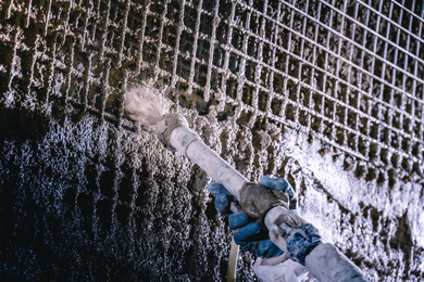 Liquid cement is being blasted onto rebar.