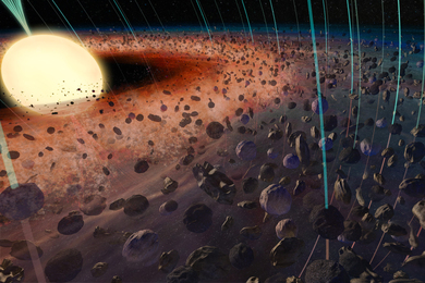 Around a glowing star is a disc of swirling rocks, with perpendicular lines of magnetism.