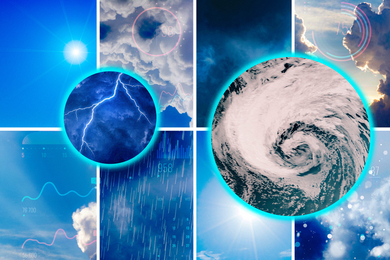 In background, a collage of calm and rainy weather photos. In foreground, inset of lightning and hurricane.