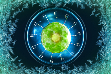 A CAR-T cell in a protective bubble, with an icy background.