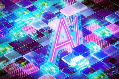 “AI” text on grid with glowing, futuristic tiles
