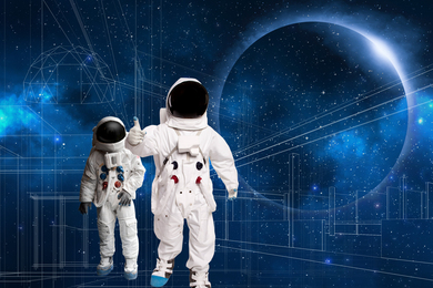 Blueprints of modern habitats with two astronauts giving thumbs up