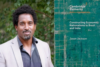 At left, Jason Jackson headshot; at right, the cover of his book, "Constructing Economic Nationalisms in Brazil and India"