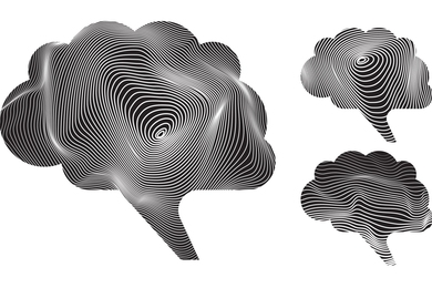 Three black cloud-like cartoon brains are filled with white concentric loops representing brain waves