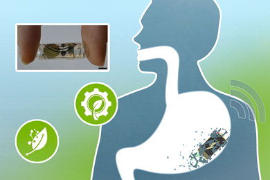 Inset shows fingers holding a tiny battery. A silhouette of a man shows his stomach has a dissolving battery that has a wifi signal.