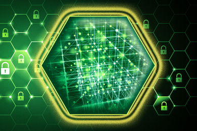 An array of nodes sealed inside a pentagon, with lock icons in background.